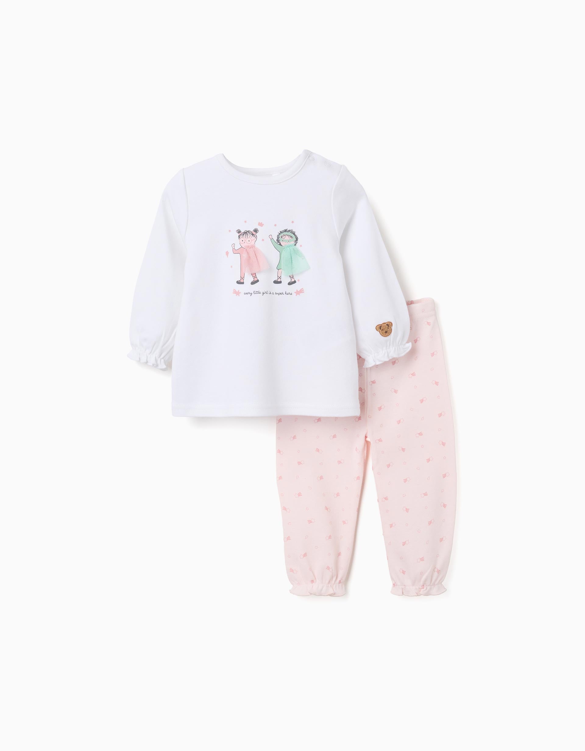 Pijama comprido com estampado para recém-nascida e bebé, branco/rosa