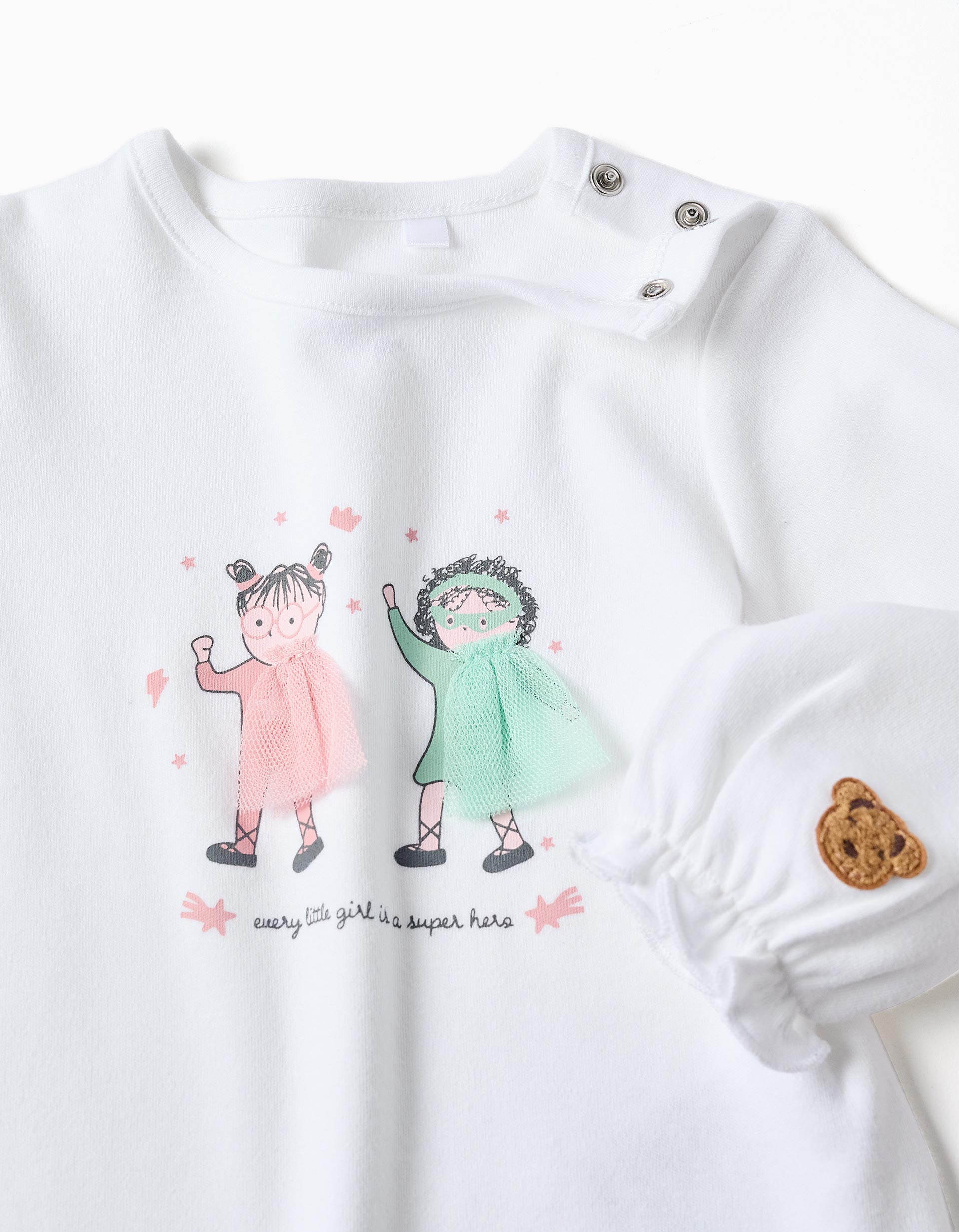 Pijama comprido com estampado para recém-nascida e bebé, branco/rosa