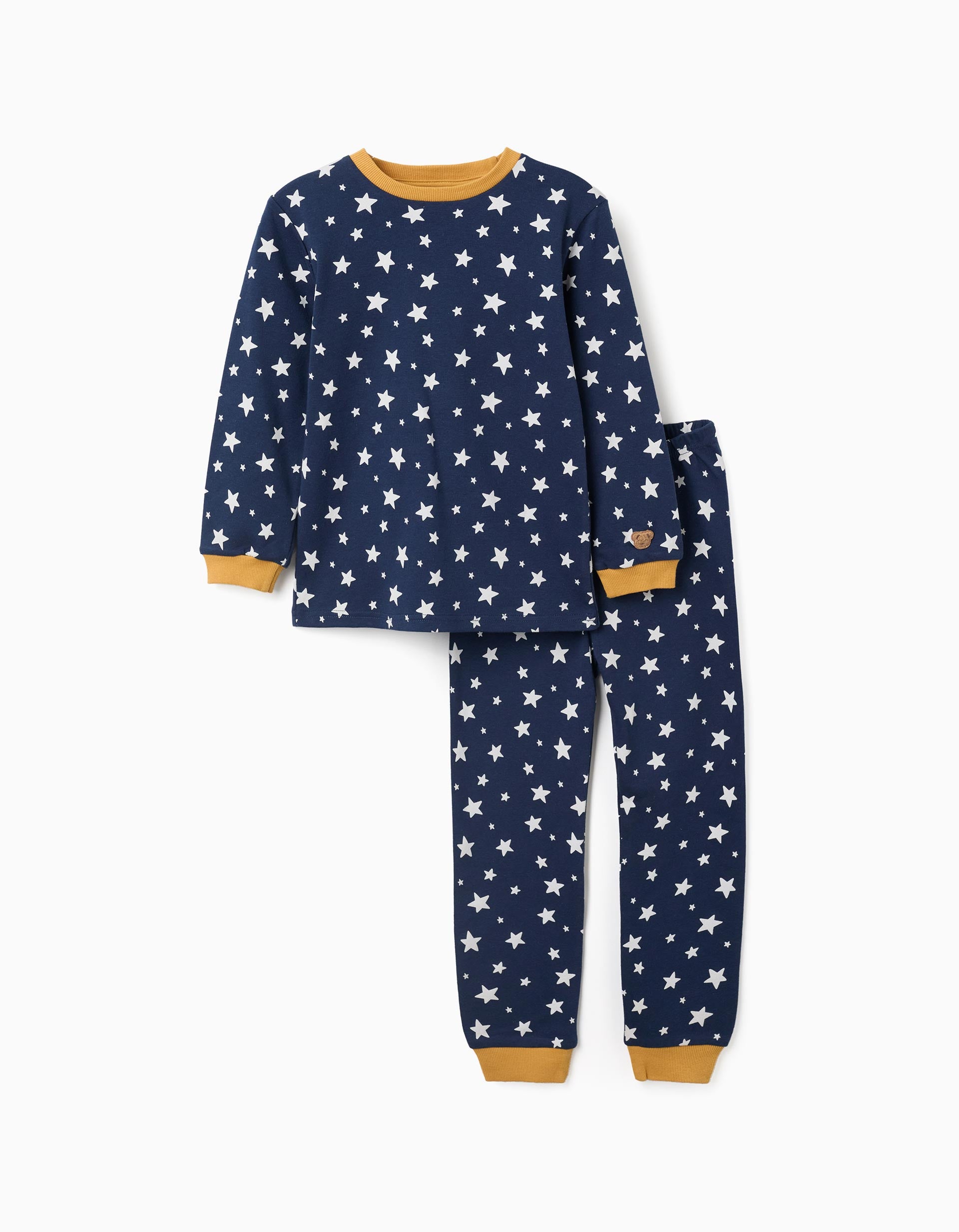 Long sleeve cotton pyjamas with star motif for boys, dark blue/yellow
