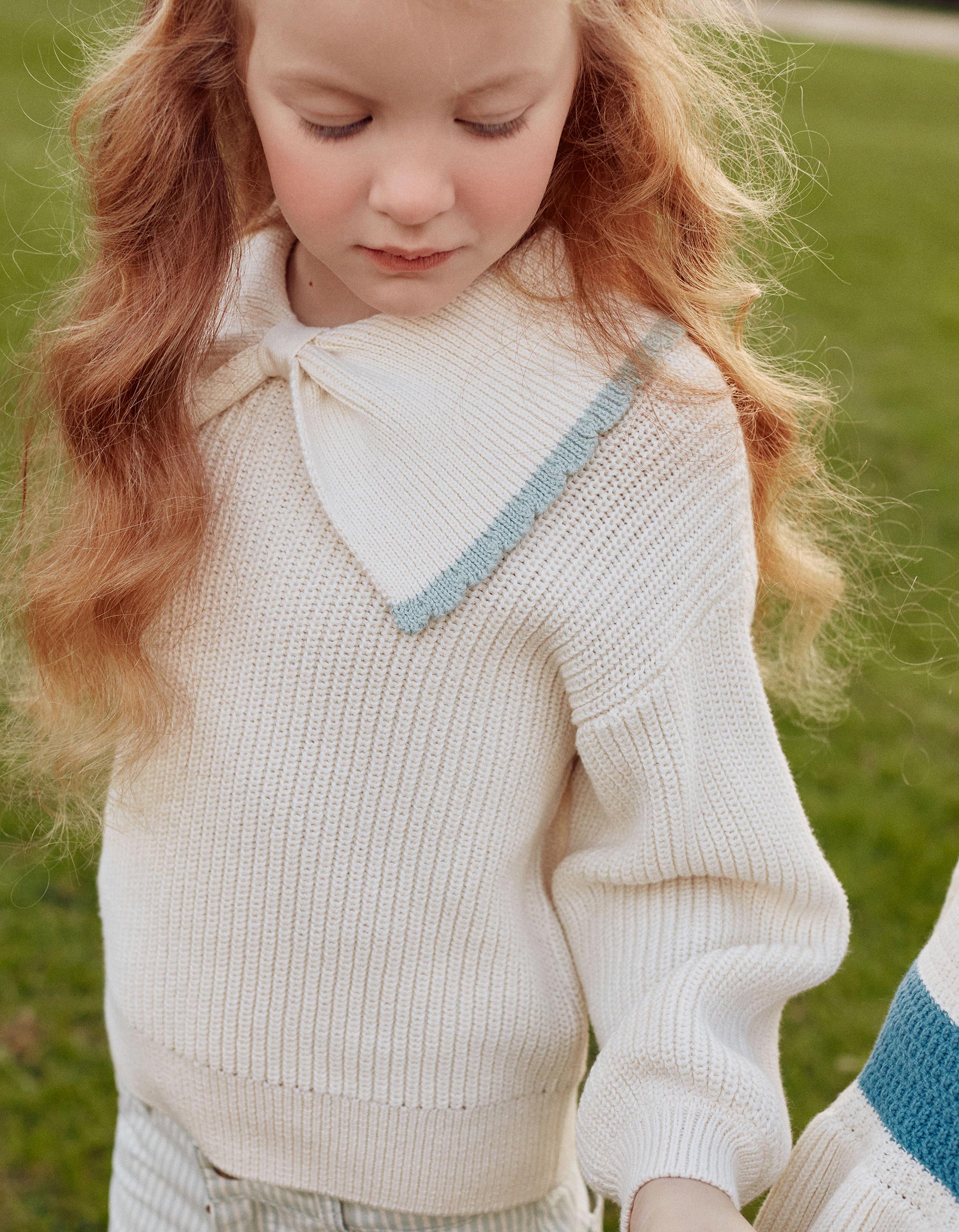 Camisola de malha com gola laço para menina, branco/verde-claro