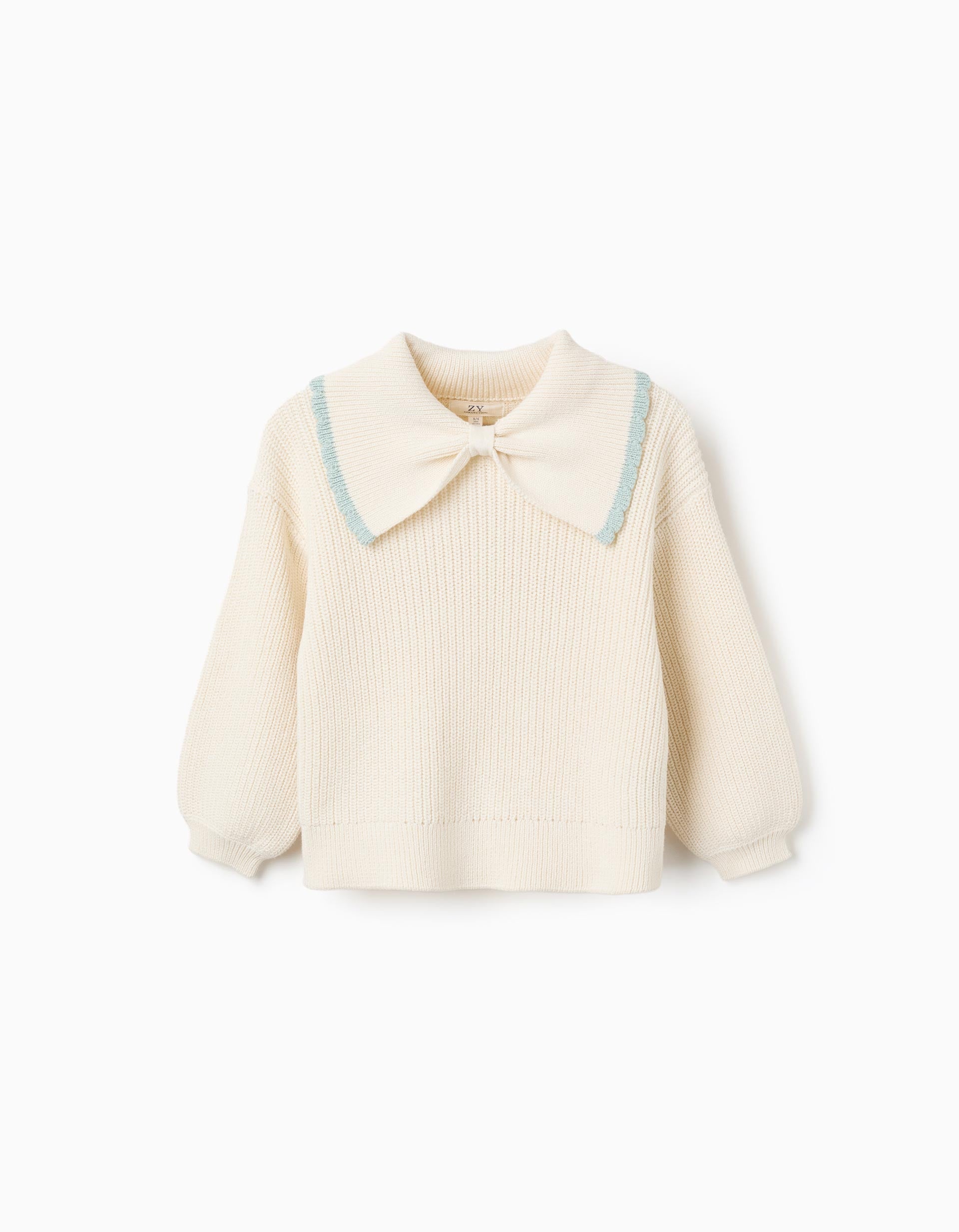 Camisola de malha com gola laço para menina, branco/verde-claro