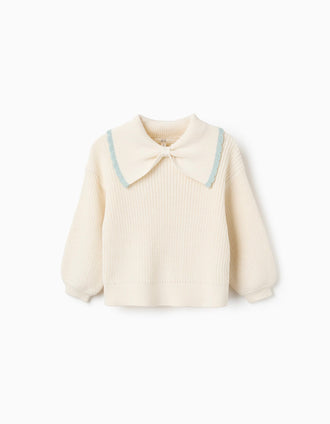 Camisola de malha com gola laço para menina, branco/verde-claro