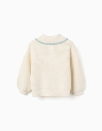 Camisola de malha com gola laço para menina, branco/verde-claro