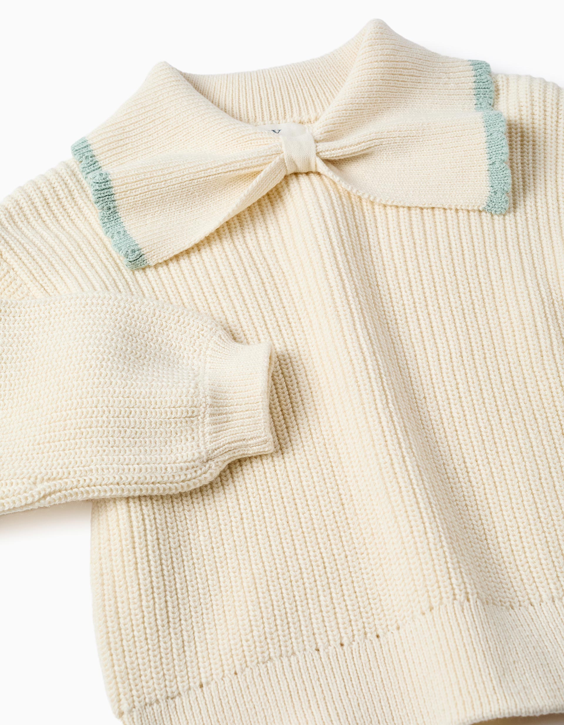 Camisola de malha com gola laço para menina, branco/verde-claro