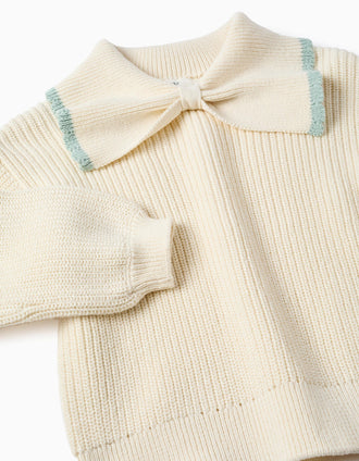 Camisola de malha com gola laço para menina, branco/verde-claro