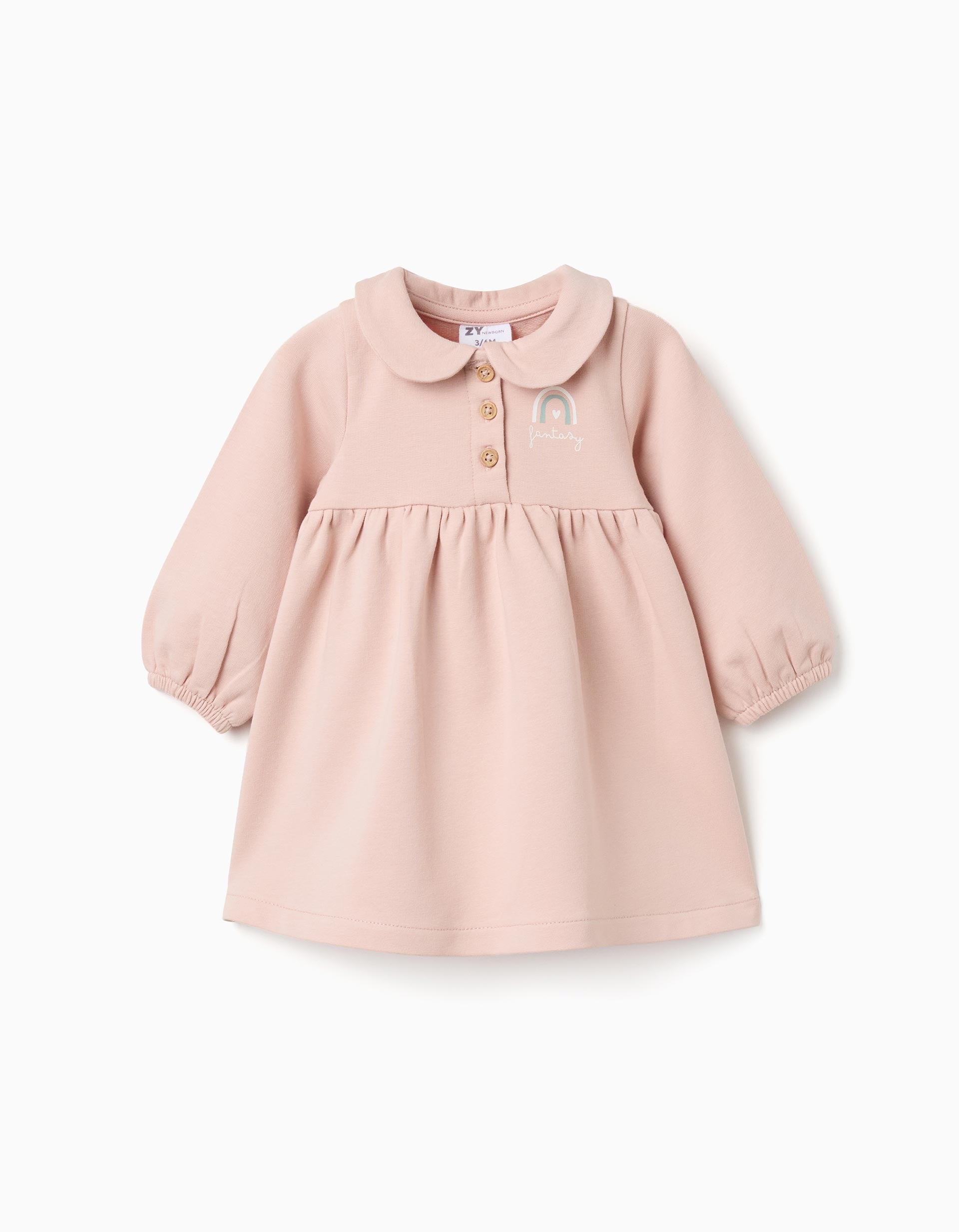 Vestido de algodão de manga comprida e abalonada para recém-nascida, rosa