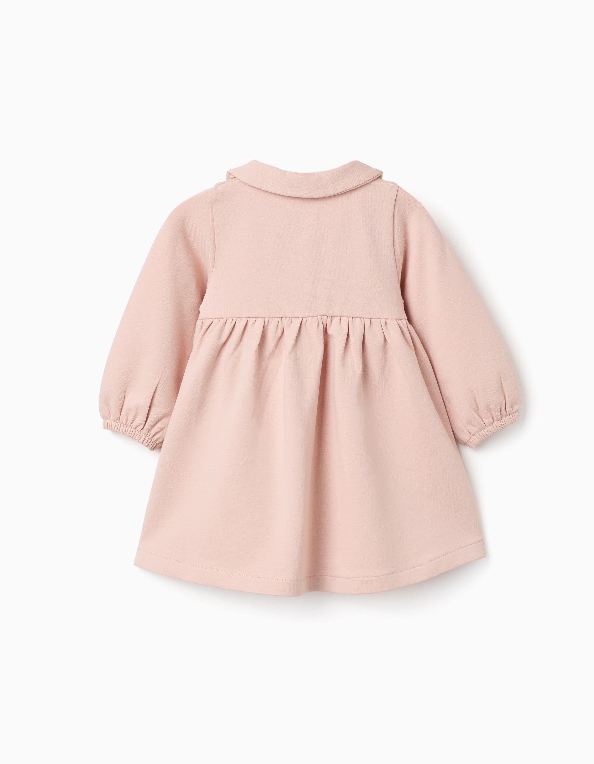 Vestido de algodão de manga comprida e abalonada para recém-nascida, rosa