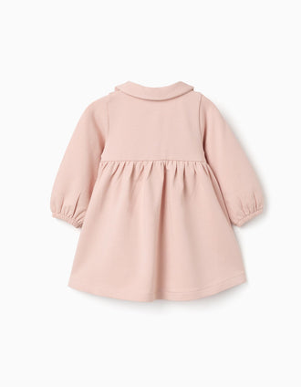 Long puffy sleeve cotton dress with print for newborn girls, pink