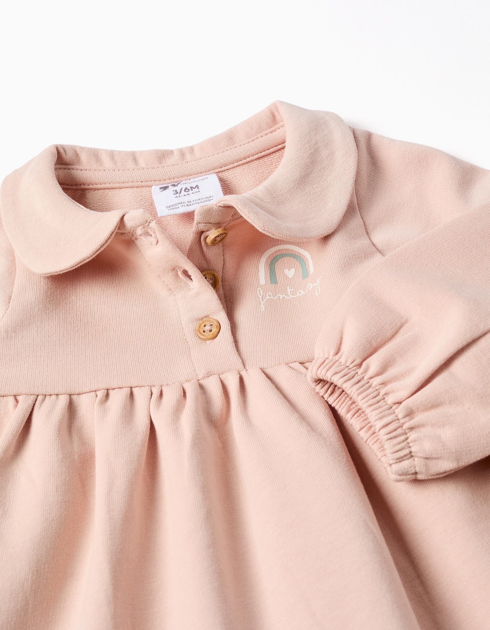 Vestido de algodão de manga comprida e abalonada para recém-nascida, rosa