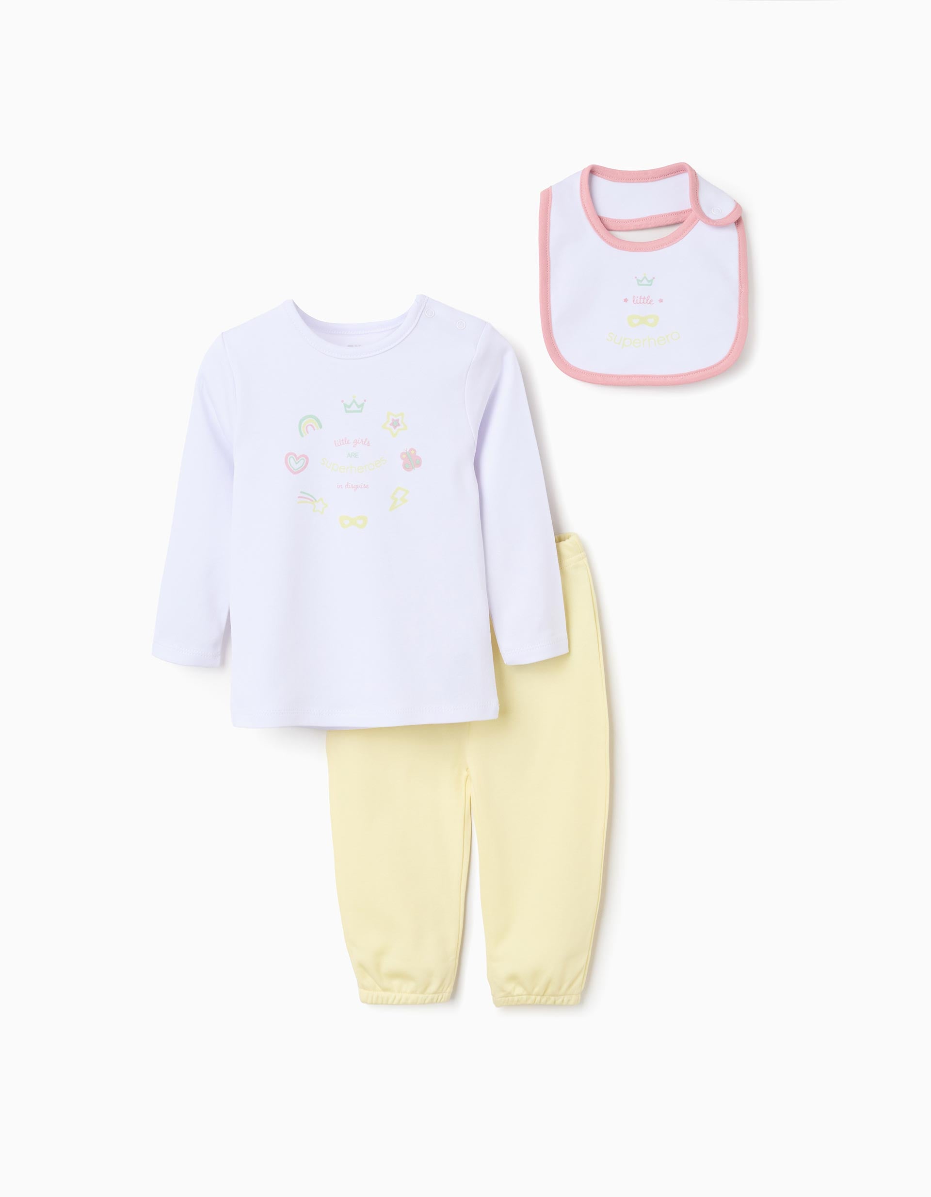 Pyjama + bavoir en coton pour nouveau-née et bébé, blanc/jaune/rose