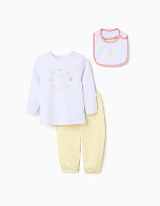 Pijama de algodón + babero para recién nacida y bebé, blanco/amarillo/rosa