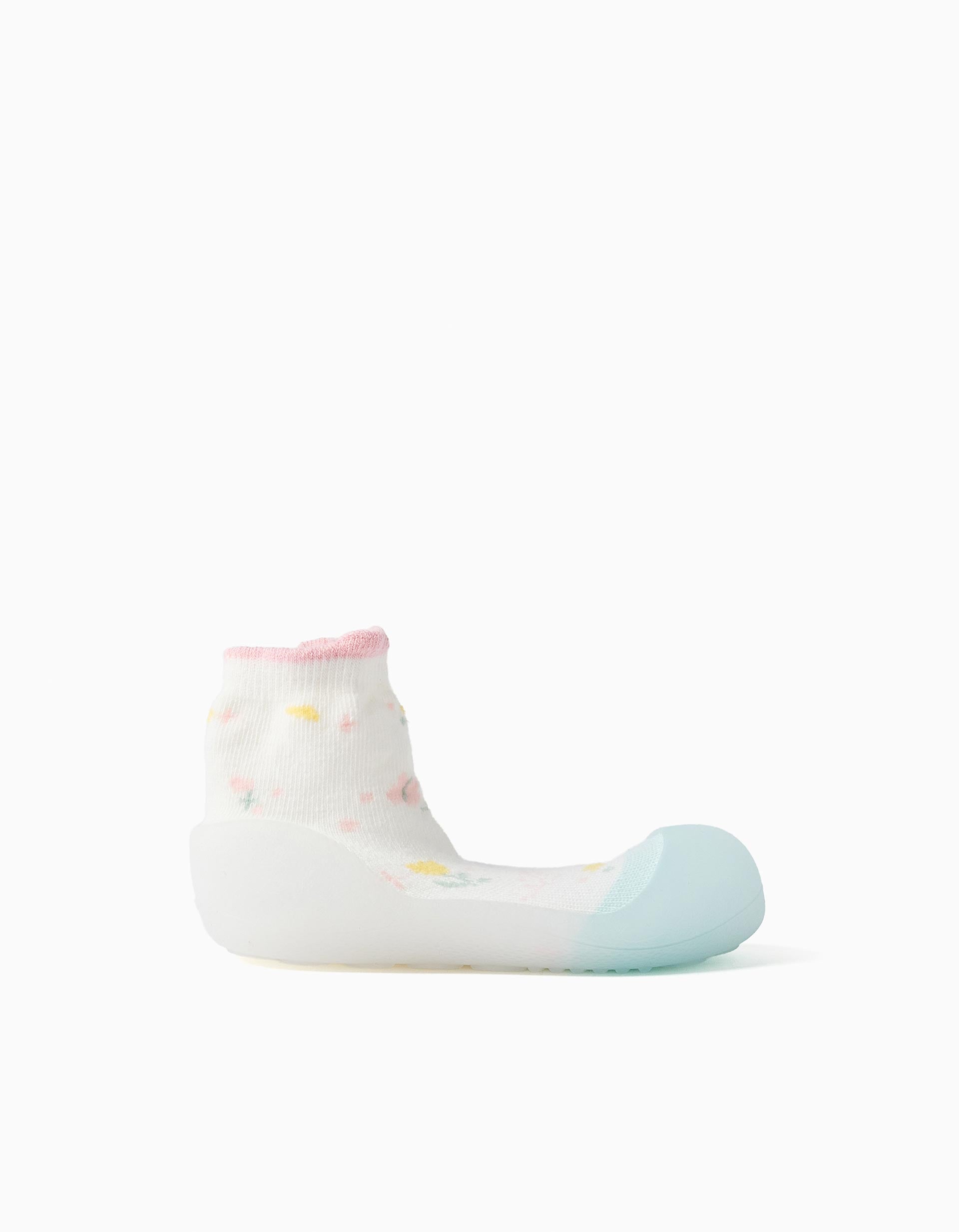 Steppies slipper-socks with floral motif for baby girls, white