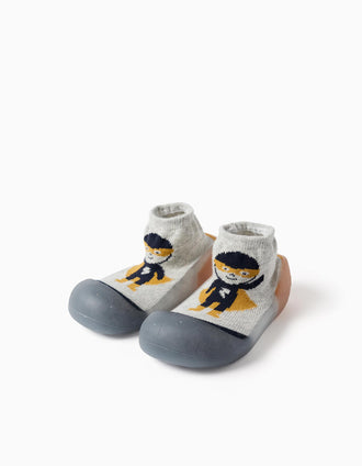 Steppies slipper-socks with superhero print for baby boys, grey