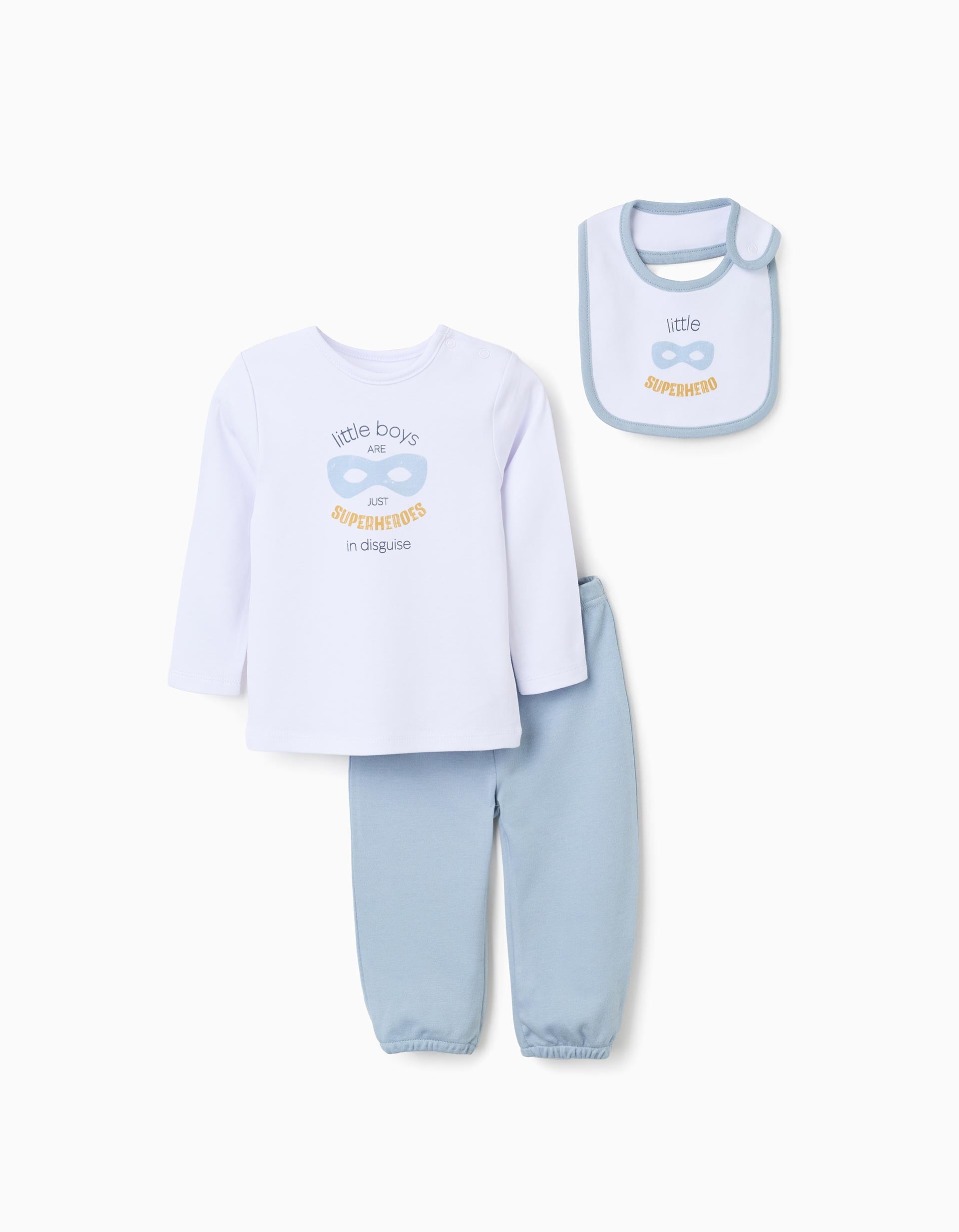 Pijama de algodón + babero para recién nacido y bebé, blanco/azul