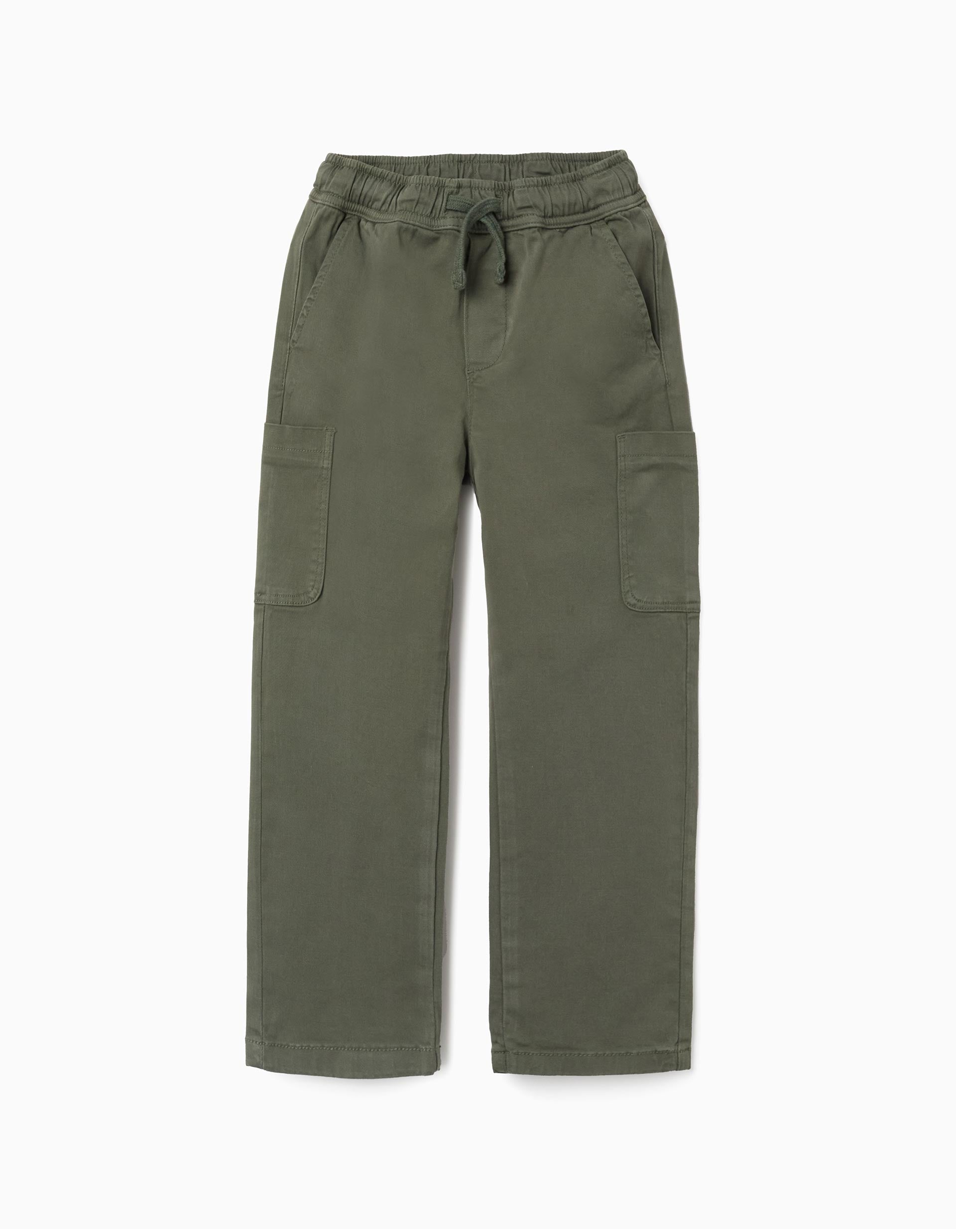 Straight fit twill trousers with cargo pockets for boys, dark green
