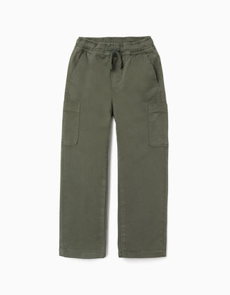 Pantalón recto de sarga con bolsillos cargo para niño, verde oscuro