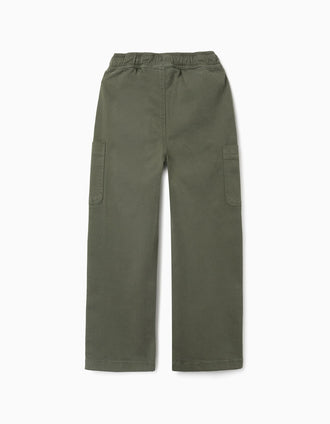 Pantalón recto de sarga con bolsillos cargo para niño, verde oscuro
