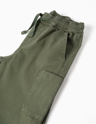 Pantalón recto de sarga con bolsillos cargo para niño, verde oscuro