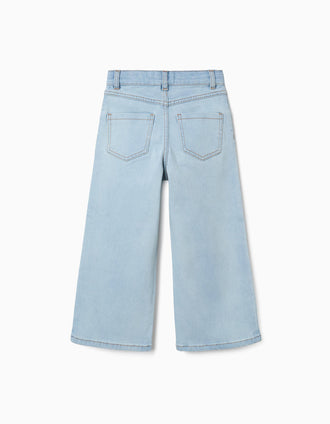 Calças de ganga wide leg de algodão para menina, azul-claro