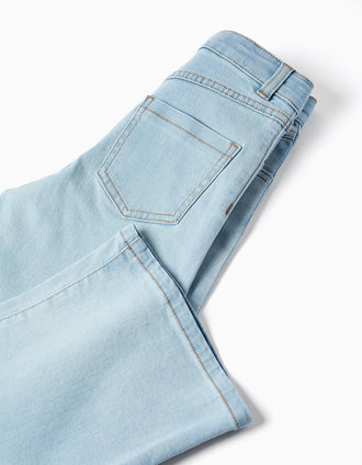 Calças de ganga wide leg de algodão para menina, azul-claro