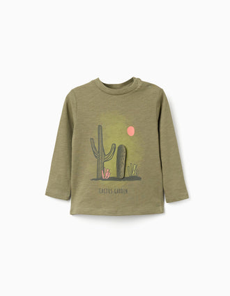 Long sleeve cotton T-shirt with Cactus Garden print for baby boys, green