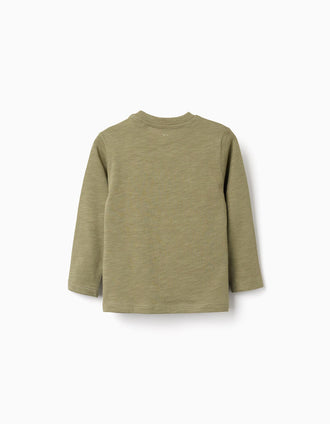 Long sleeve cotton T-shirt with Cactus Garden print for baby boys, green