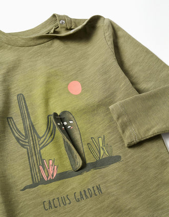 Long sleeve cotton T-shirt with Cactus Garden print for baby boys, green