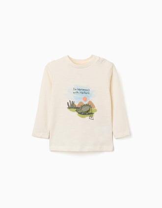 Long sleeve cotton T-shirt with chameleon print for baby boys, beige