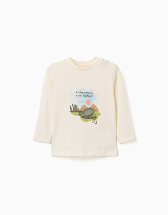 Long sleeve cotton T-shirt with chameleon print for baby boys, beige