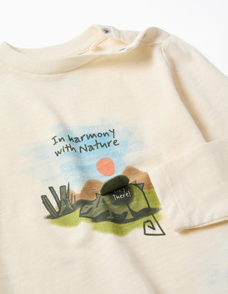 Long sleeve cotton T-shirt with chameleon print for baby boys, beige