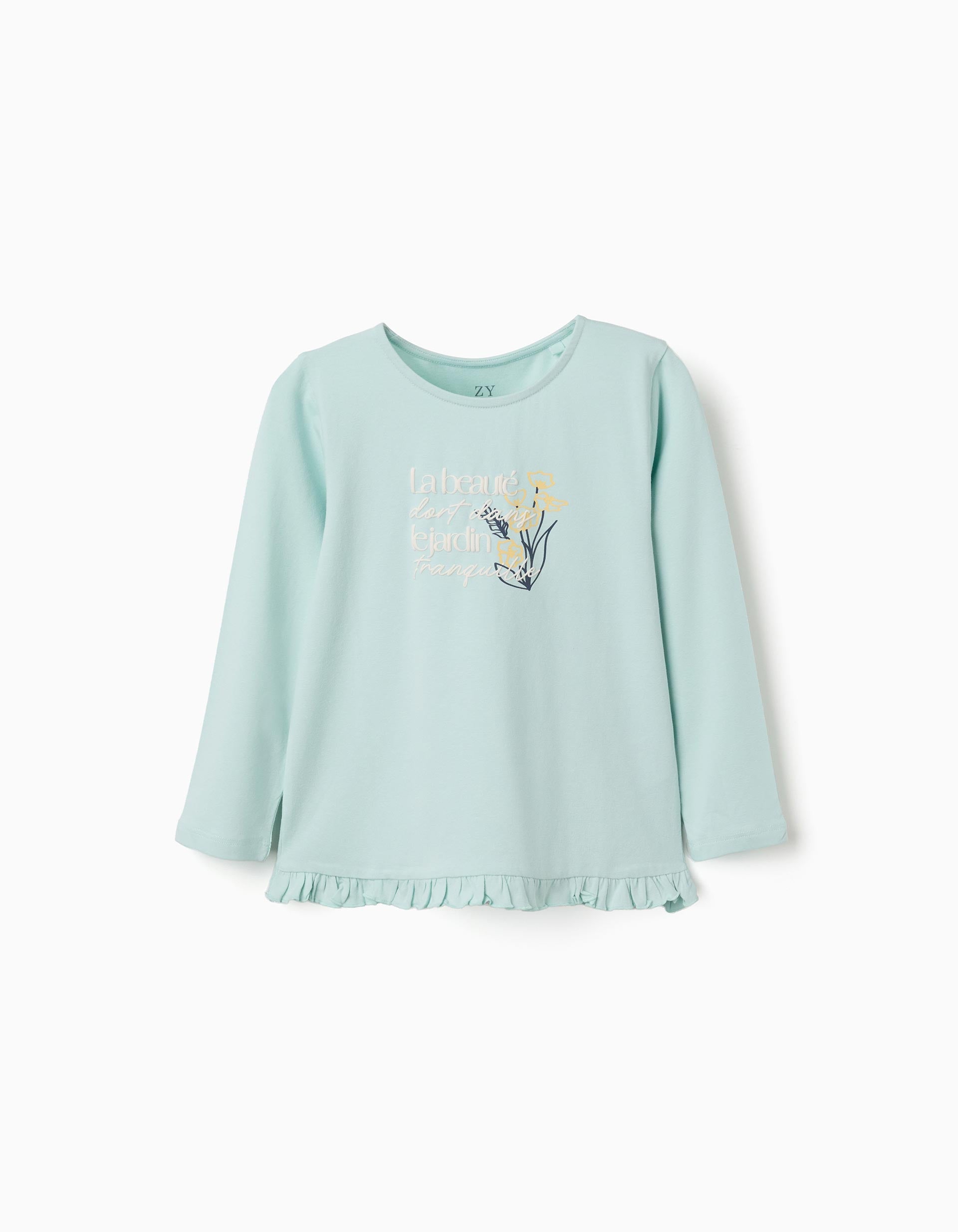T-shirt en coton avec imprimé floral en relief pour fille, bleu clair