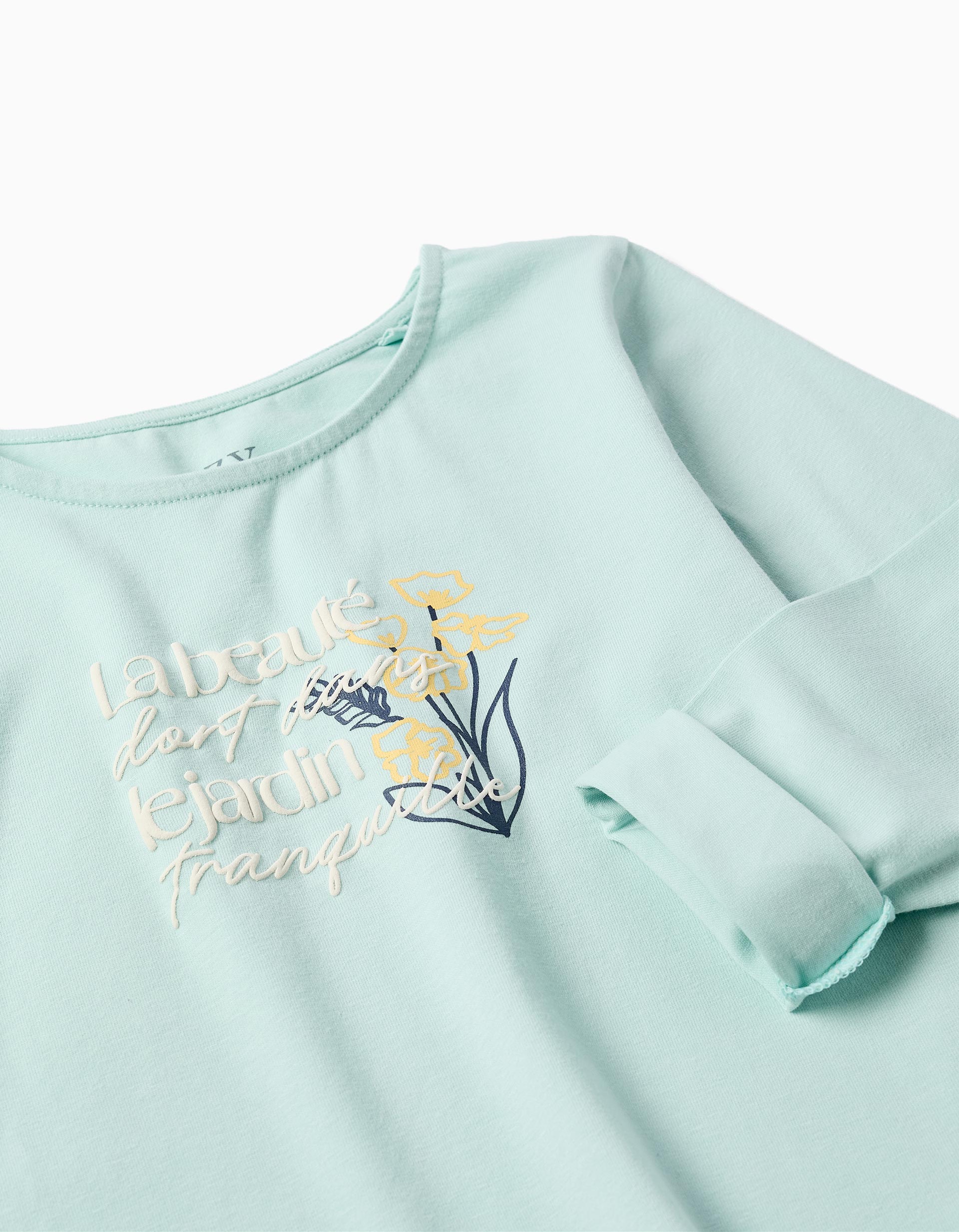T-shirt en coton avec imprimé floral en relief pour fille, bleu clair