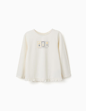 Long sleeve cotton T-shirt with floral embossed print for girls, white