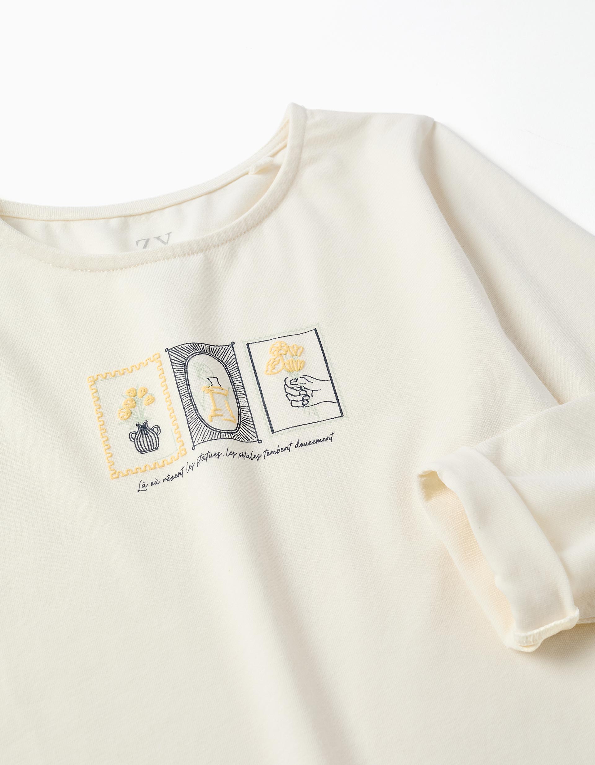 T-shirt en coton avec imprimé floral en relief pour fille, blanc