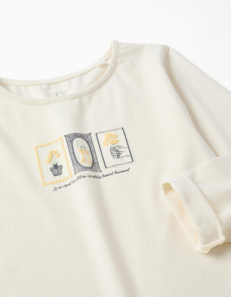 Long sleeve cotton T-shirt with floral embossed print for girls, white