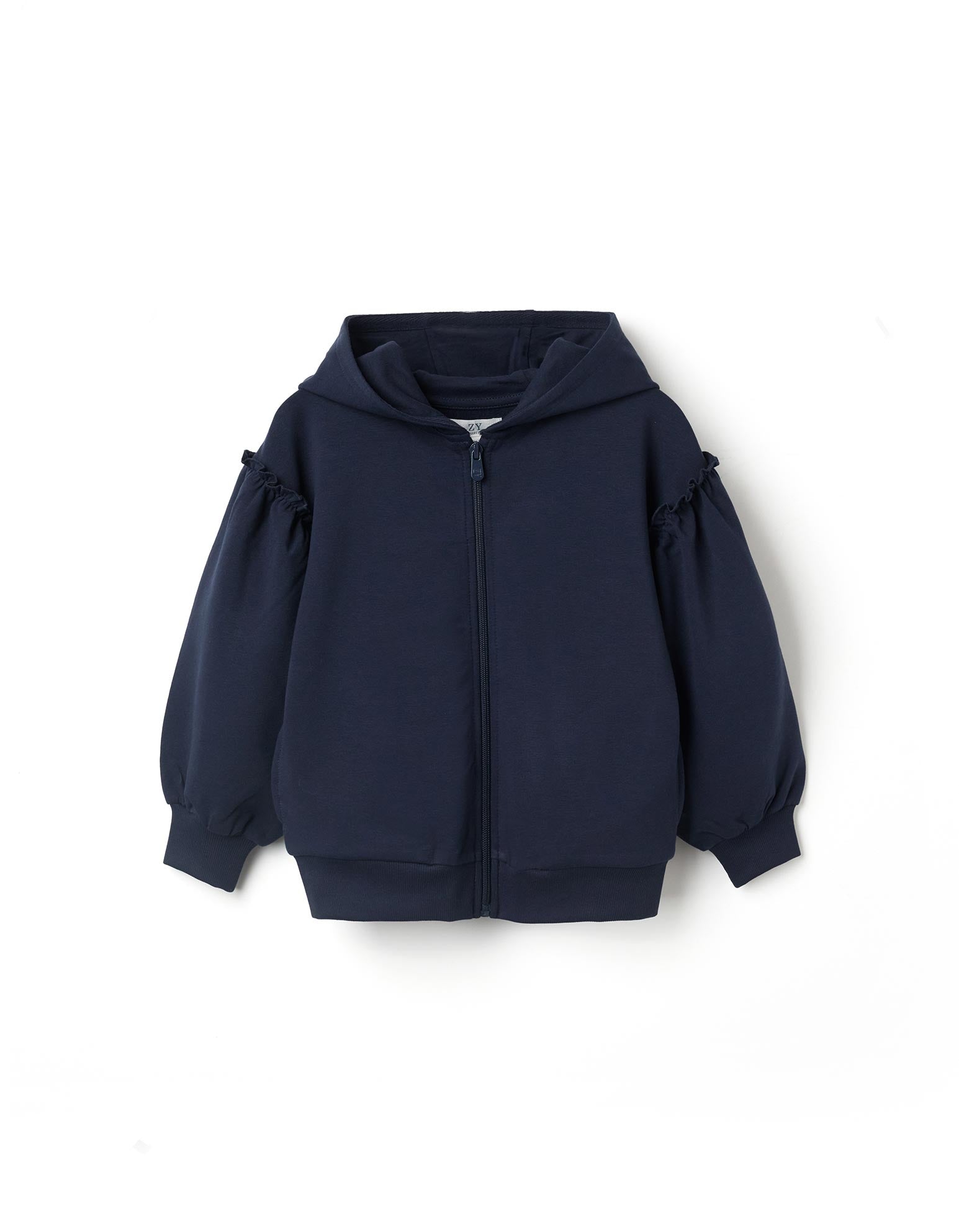 Cotton hooded jacket with ruffles for girls, dark blue