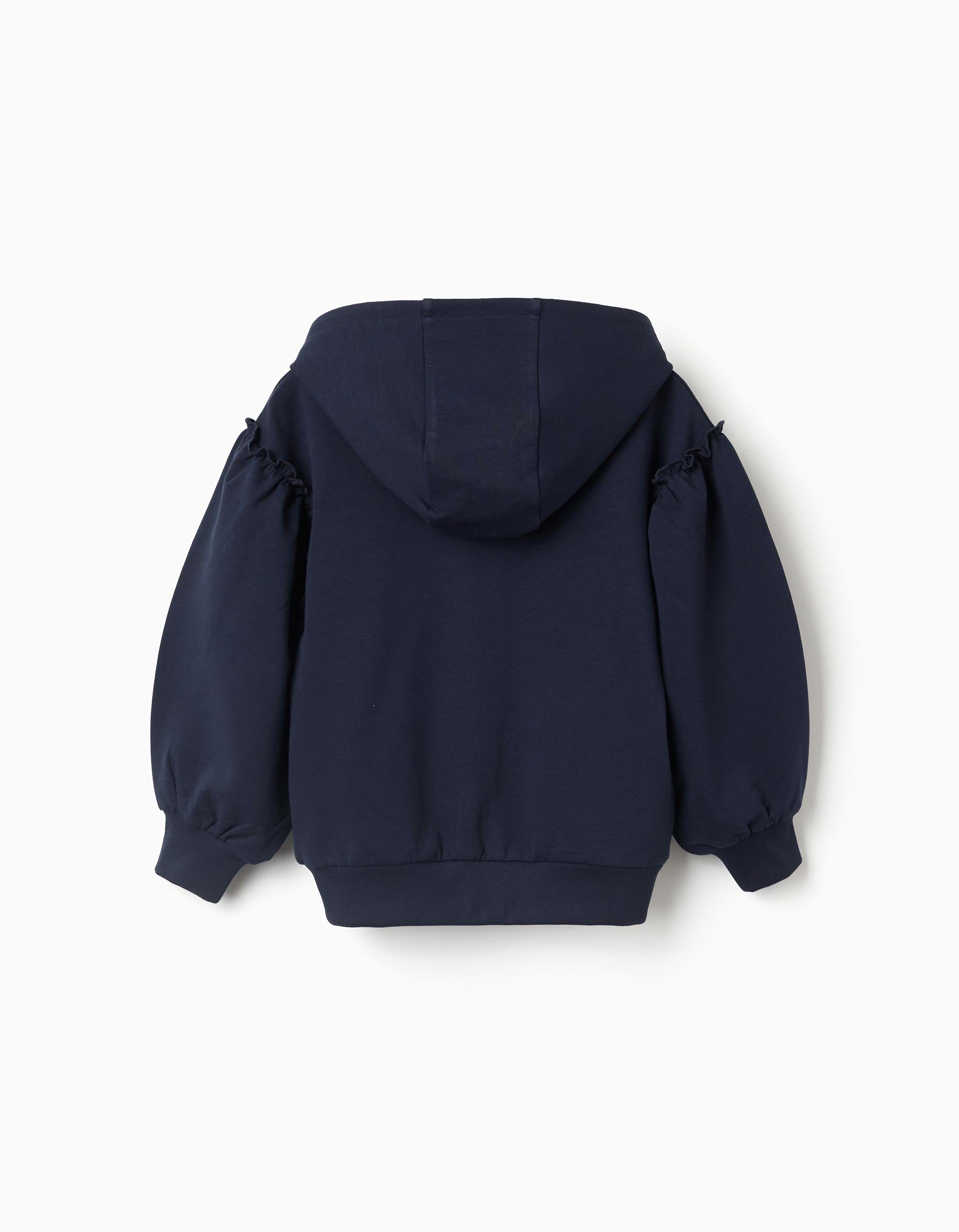Cotton hooded jacket with ruffles for girls, dark blue