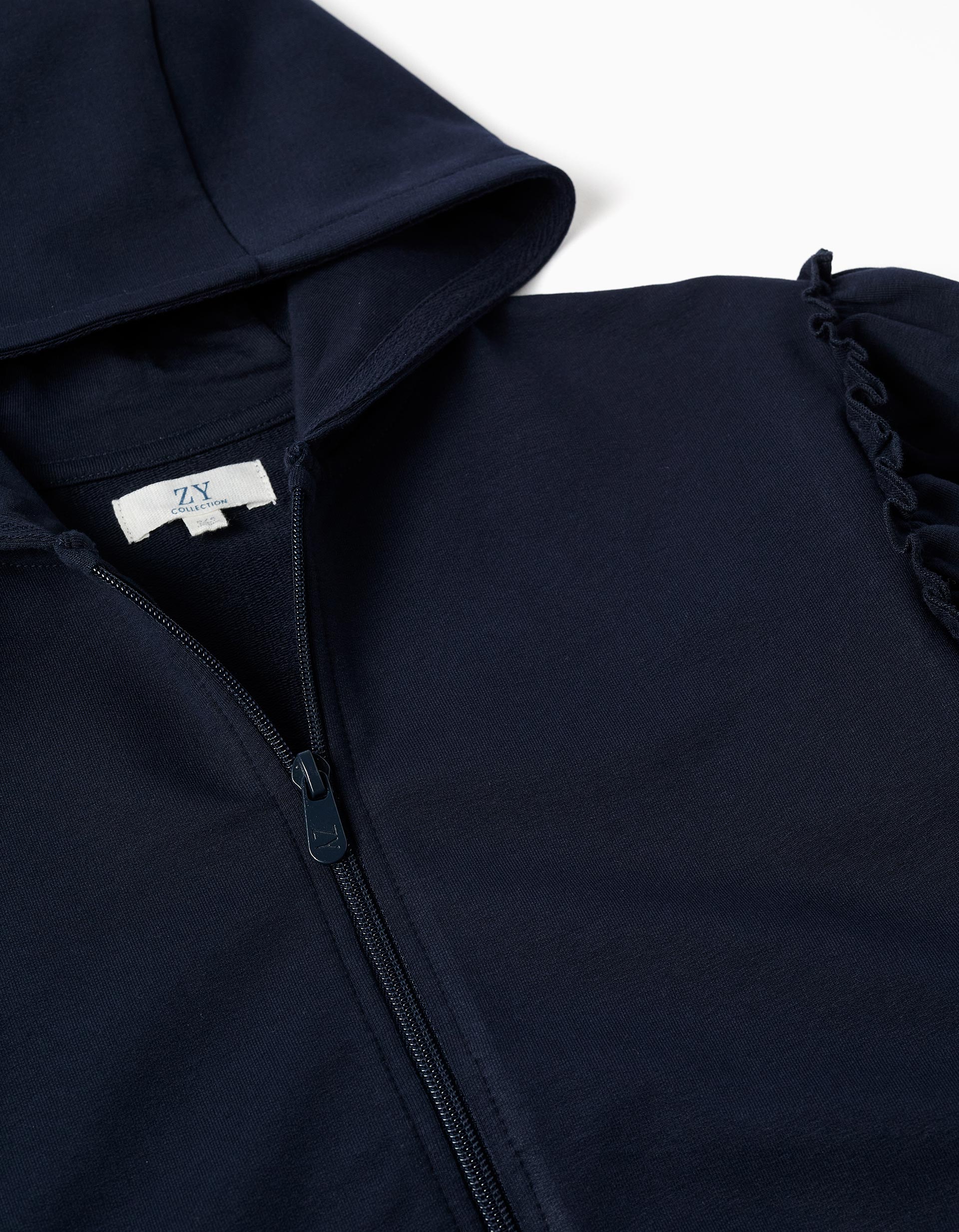 Cotton hooded jacket with ruffles for girls, dark blue
