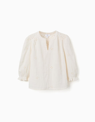 Cotton blouse with broderie anglaise and ruffles for girls, white