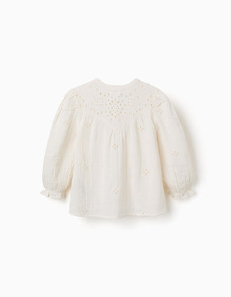 Cotton blouse with broderie anglaise and ruffles for girls, white
