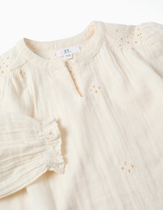 Cotton blouse with broderie anglaise and ruffles for girls, white