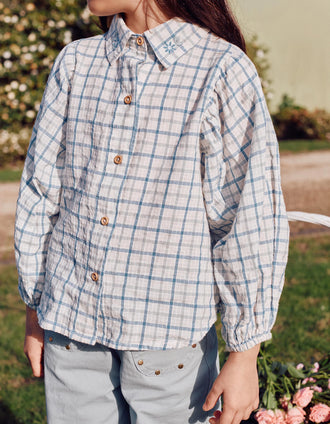 Cotton checked shirt with puffy sleeves for girls, multicolour