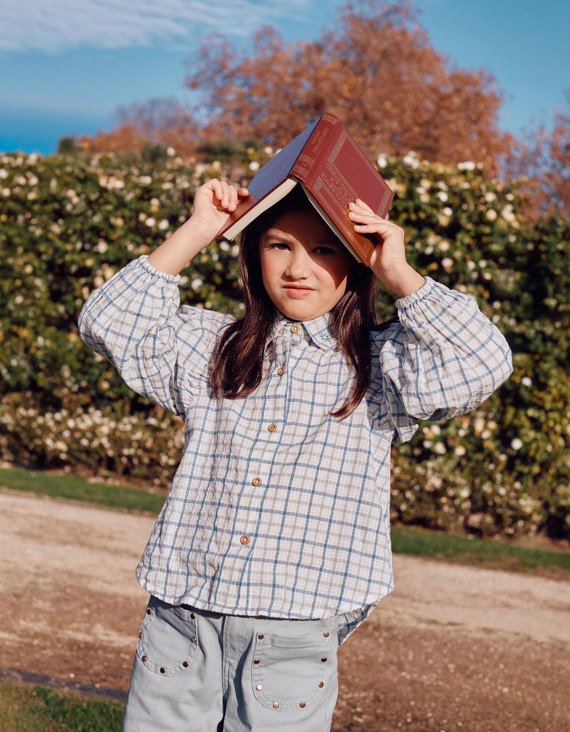 Chemise en coton à carreaux et manches bouffantes pour fille, multicolore