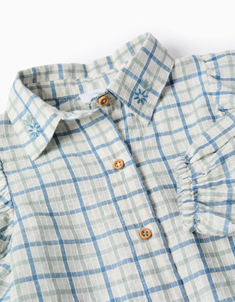 Cotton checked shirt with puffy sleeves for girls, multicolour