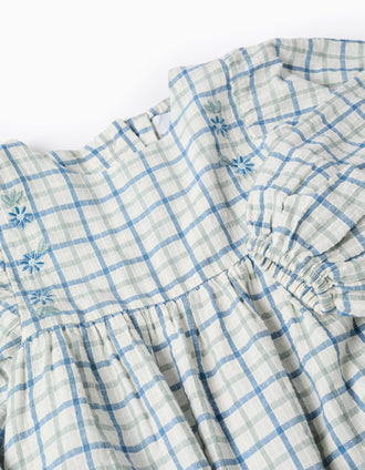 Cotton checked dress with puffy sleeves for girls, multicolour