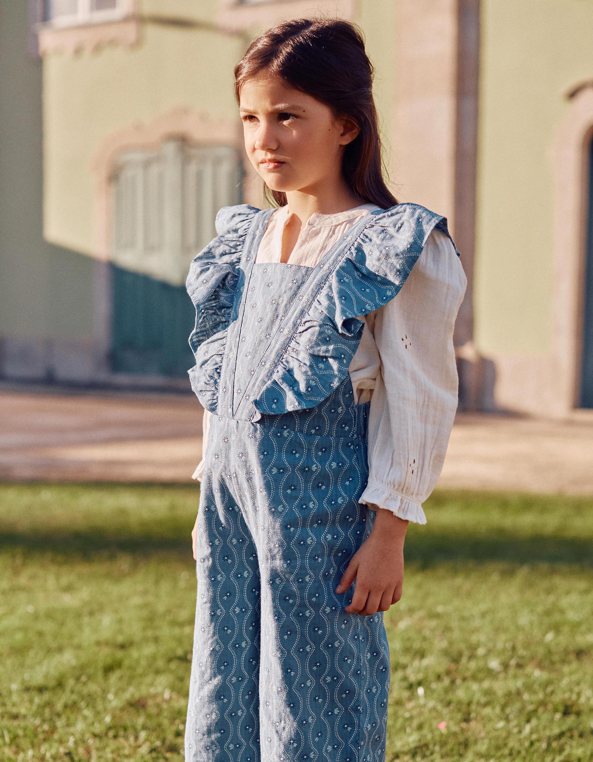 Cotton jumpsuit with ruffles and floral pattern for girls, blue