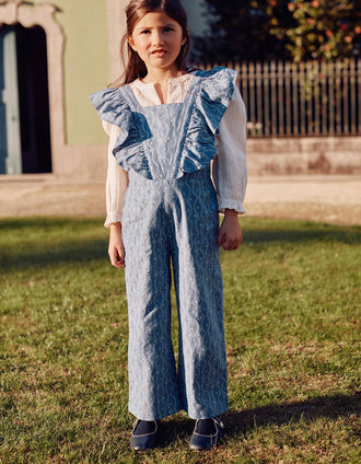 Macacão de algodão com folhos e padrão floral para menina, azul