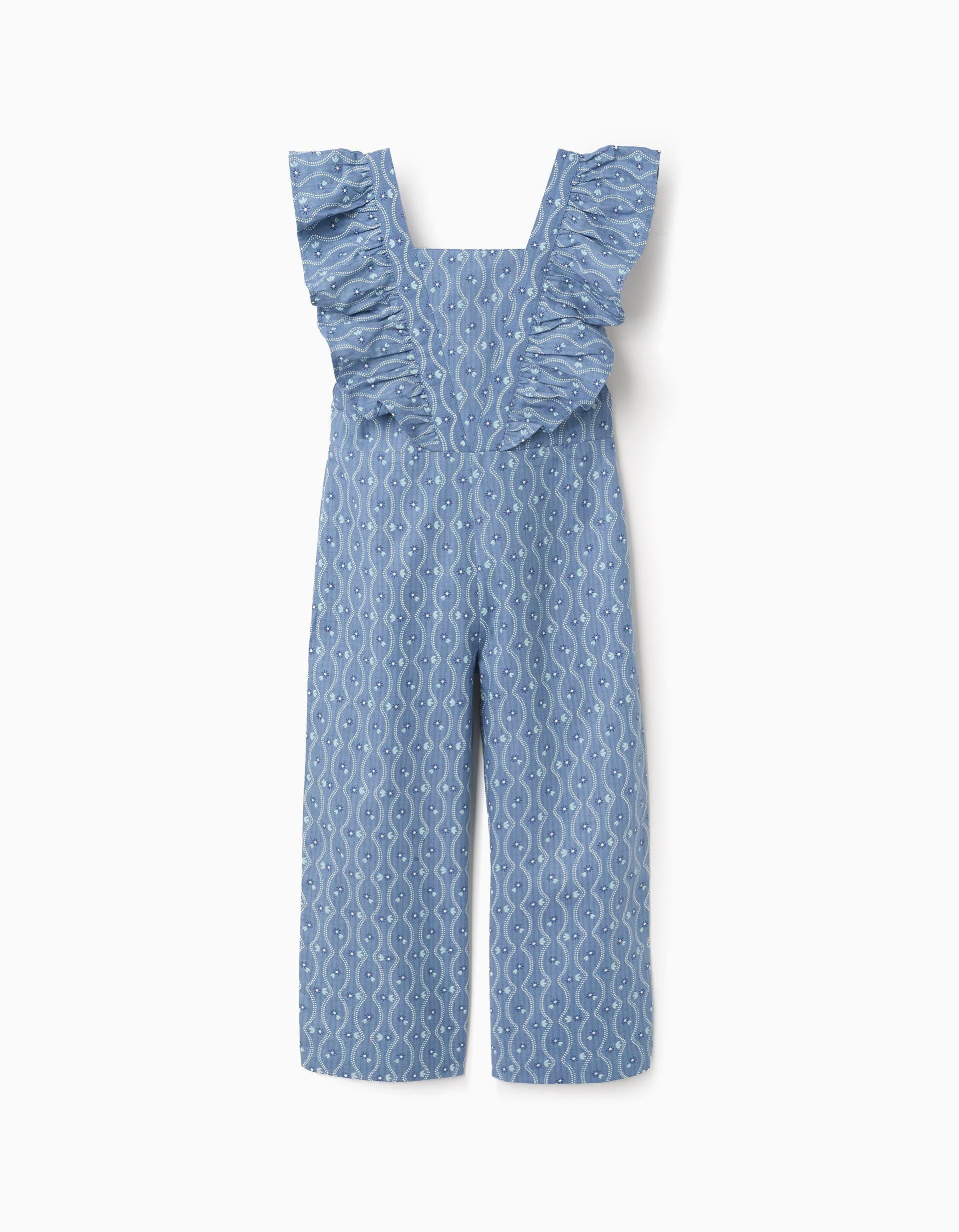 Cotton jumpsuit with ruffles and floral pattern for girls, blue