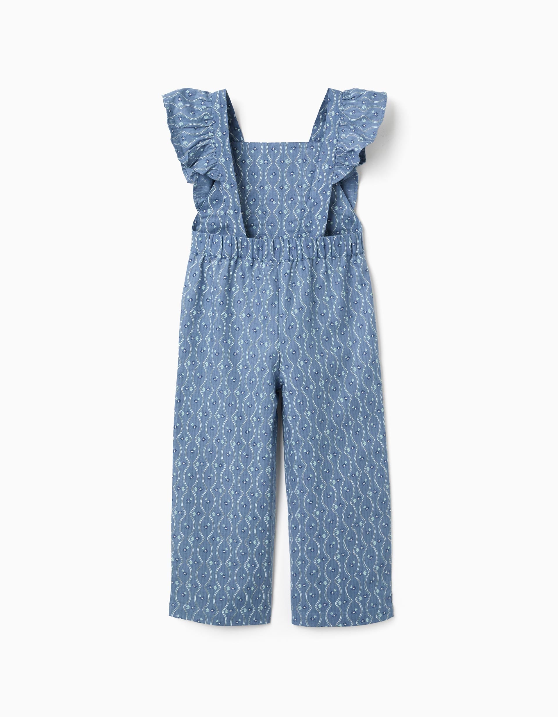 Cotton jumpsuit with ruffles and floral pattern for girls, blue