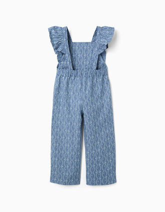 Macacão de algodão com folhos e padrão floral para menina, azul